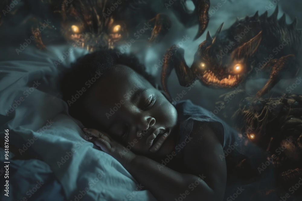 Sleeping child surrounded eerie nightmare monsters night. Fantasy and terror merge this child sleeps amid nightmare. Innocence facing inner fears haunting dreamscape. Sleeping child surrounded eerie nightmare monsters night. Fantasy and terror merge this child sleeps amid nightmare. Innocence facing inner fears haunting dreamscape.