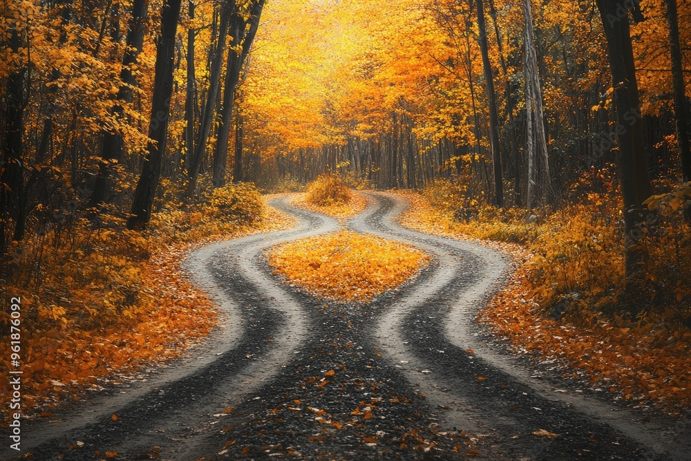 Fototapeta premium Crossroads: Beautiful Autumn Forest with Two Paths, Symbolizing Decision Making