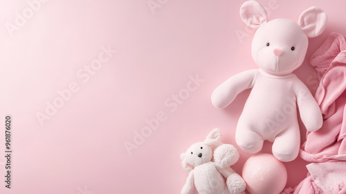 cute baby toys and clothes on pink background with copy space 