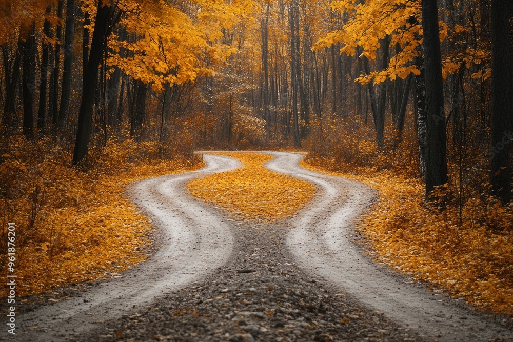 Obraz premium Crossroads Fork In The Road. Yellow and Orange Autumn Path, Which Way to Walk? Symbolic Choice of Left or Right Trail