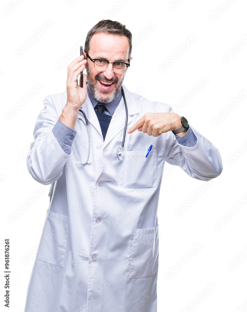 Middle age senior hoary doctor man talking on smartphone over isolated background with surprise face pointing finger to himself Middle age senior hoary doctor man talking on smartphone over isolated background with surprise face pointing finger to himself