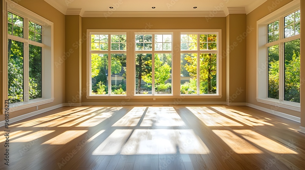 Fototapeta premium A spacious, unfurnished dining room with a large window and hardwood floors, ideal for creating a warm, family-centered space.