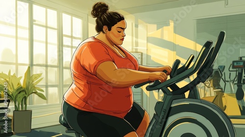 A cartoon of an overweight clubby woman preparing to ride a stationary bike in a gym to help with weight loss.