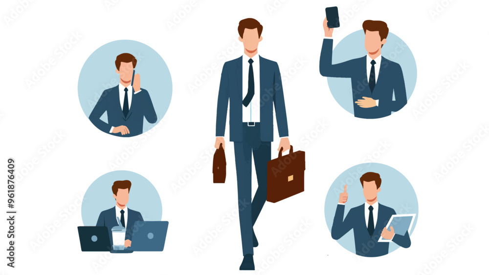 Illustration depicts a businessman engaged in different activities like talking, working on a laptop Illustration depicts a businessman engaged in different activities like talking, working on a laptop