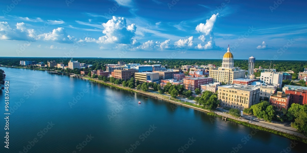 Naklejka premium Georgia State Counties. Aerial View of Savannah, Georgia Skyline with City Landscape and County Hall