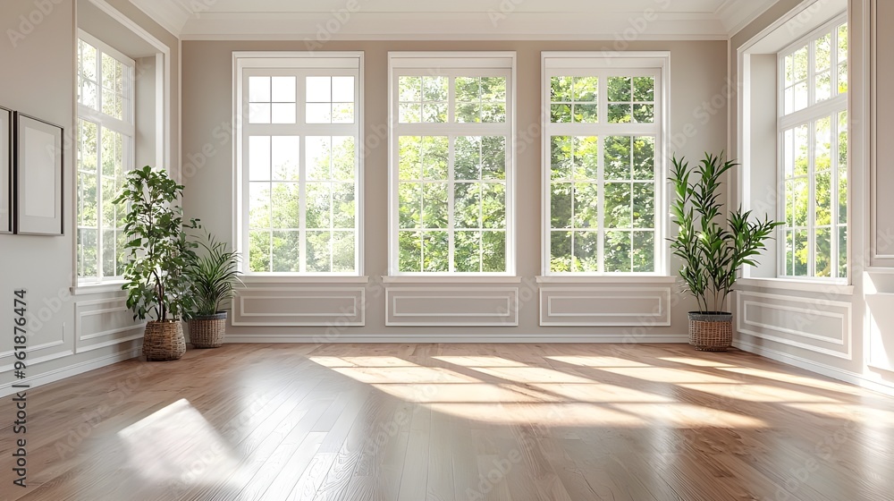 Fototapeta premium A wide-angle shot of an empty living room, featuring large windows that allow natural light to pour in, highlighting the neutral walls and polished hardwood floors.