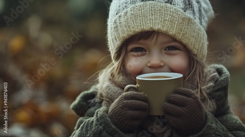 A child relishes a hot beverage from a cup, enjoying the cozy warmth of a morning tea.