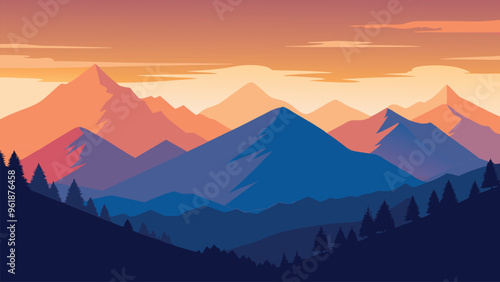 A breathtaking view from a mountain summit, revealing distant peaks and lush valleys under a bright, sunny sky flat vector illustration