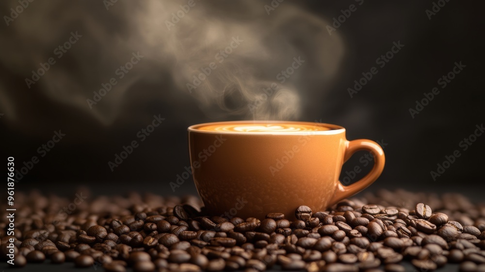 A steaming cup of coffee placed on a bed of coffee beans with smoke gently swirling in the black background A steaming cup of coffee placed on a bed of coffee beans with smoke gently swirling in the black background