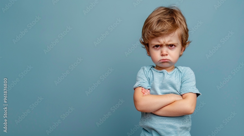 Adorable toddler boy with blonde hair and a fierce frown, arms crossed defiantly, wearing a light blue t-shirt against a matching blue background. Adorable toddler boy with blonde hair and a fierce frown, arms crossed defiantly, wearing a light blue t-shirt against a matching blue background.