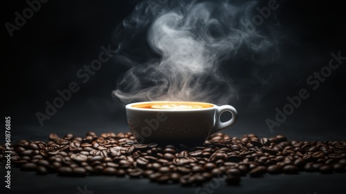 A stream of smoke rising from a cup of hot coffee surrounded by coffee beans on a dark moody background