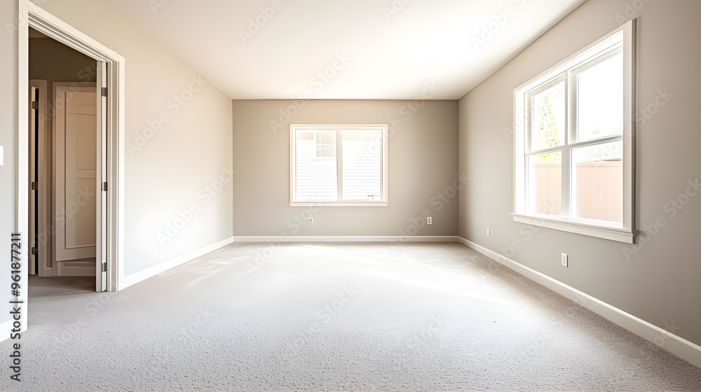 Obraz premium A clean and empty bedroom with a large window, soft carpet, and neutral-colored walls, ready to be personalized.