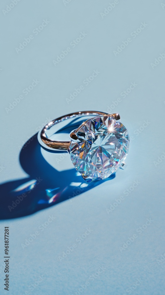 Diamond ring on blue background with shadow, concept of luxury Diamond ring on blue background with shadow, concept of luxury