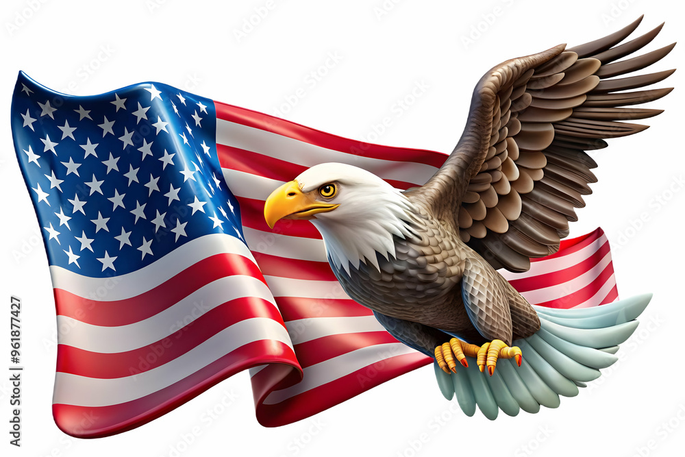 Naklejka premium Dynamic Image of American Eagle and Flag Floating Gently in Space, Symbolizing Freedom and National Pride - Powerful Stock Photo Concept