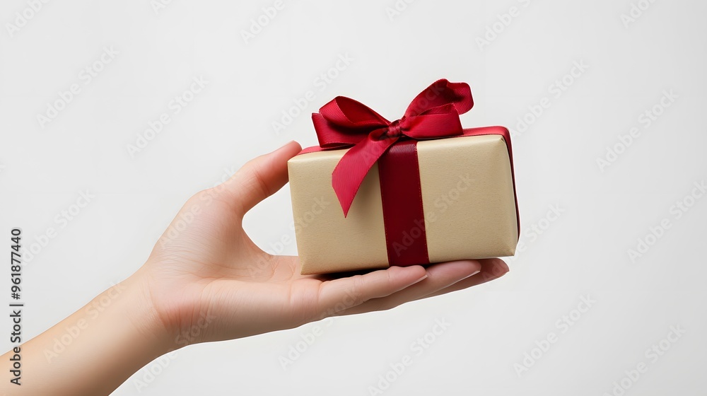 Hand Holding a Gift Box with a Bow: A hand presenting a neatly wrapped gift box with a perfectly tied bow, against a plain white background.
Hand Holding a Gift Box with a Bow: A hand presenting a neatly wrapped gift box with a perfectly tied bow, against a plain white background.