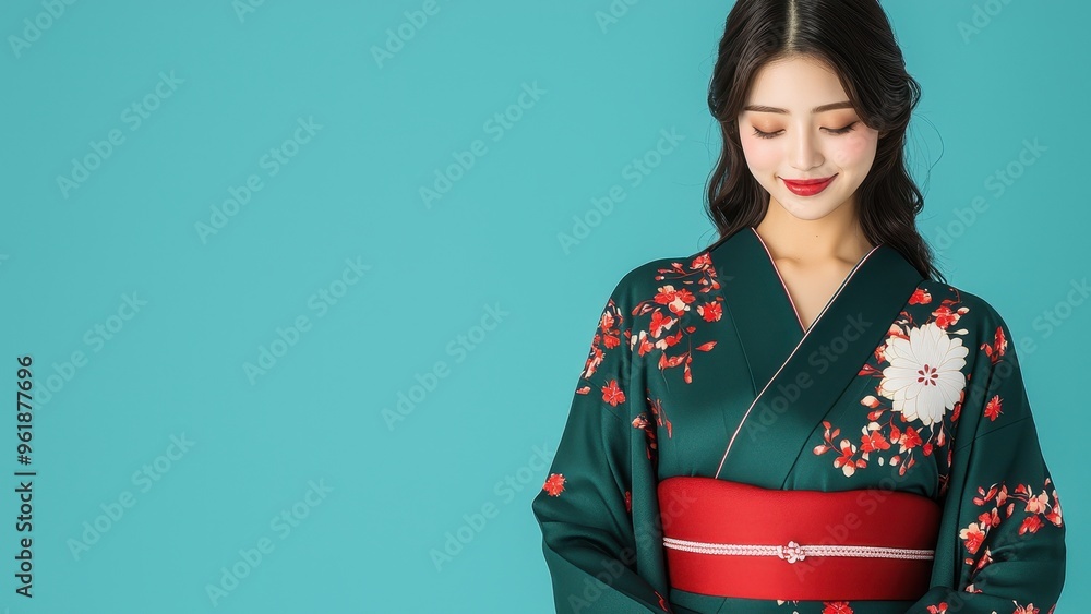 A beautiful woman in a floral kimono smiles gracefully against a vibrant turquoise background, showcasing traditional Japanese attire. A beautiful woman in a floral kimono smiles gracefully against a vibrant turquoise background, showcasing traditional Japanese attire.