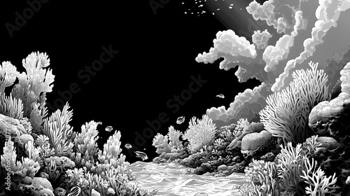 Fototapeta Naklejka Na Ścianę i Meble -  Ai generated illustration of a coral reef in black and white. Coral Reef. Illustration