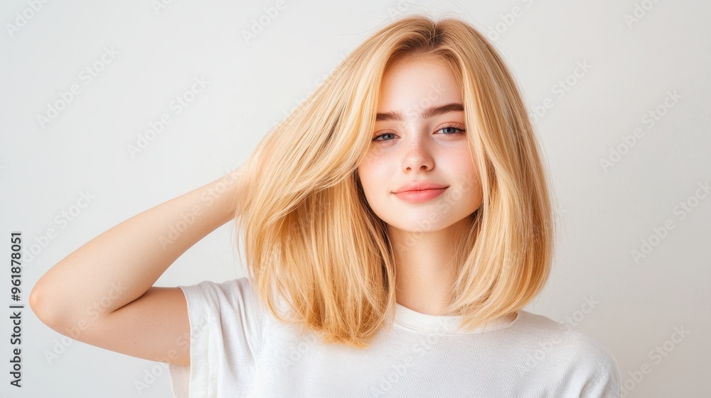 A portrait of a young woman with beautiful blonde hair, showcasing a confident smile in a bright, natural setting. A portrait of a young woman with beautiful blonde hair, showcasing a confident smile in a bright, natural setting.