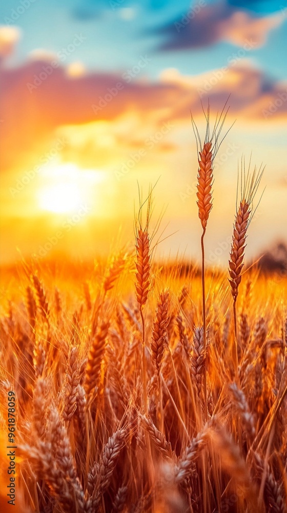 Golden wheat field bathed in warm sunset light, with vibrant orange stalks reaching towards a colorful sky of blue and pink clouds, epitomizing rural beauty. Golden wheat field bathed in warm sunset light, with vibrant orange stalks reaching towards a colorful sky of blue and pink clouds, epitomizing rural beauty.