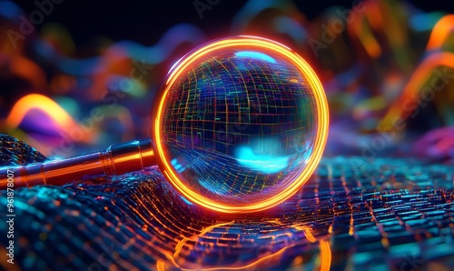 Neon Magnifying Glass Over Abstract Grid with Glowing Lines