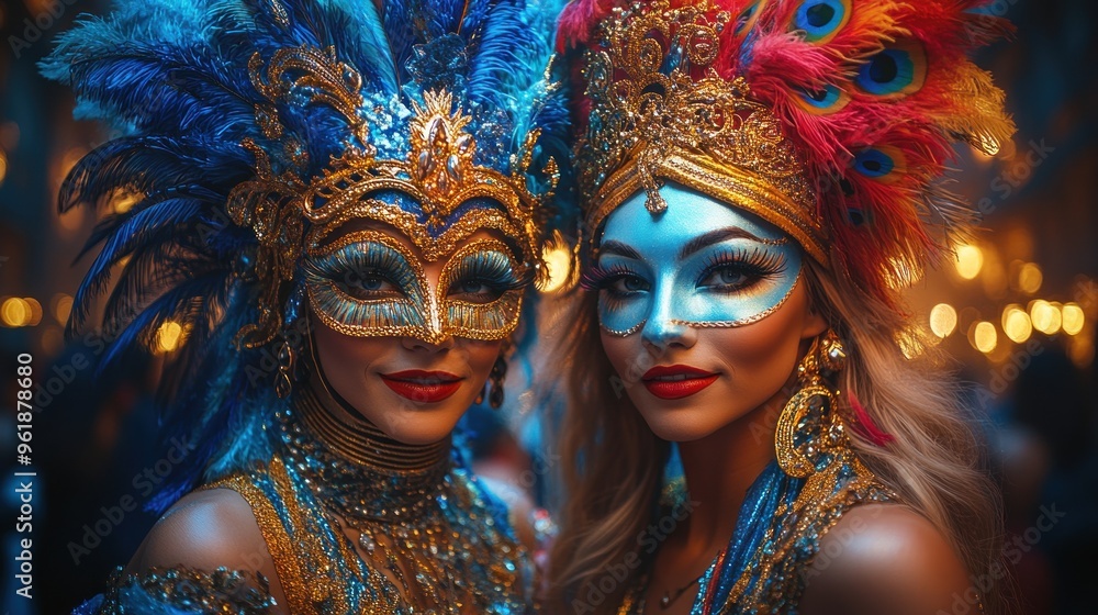 Two women in elaborate masks at a masquerade ball Two women in elaborate masks at a masquerade ball