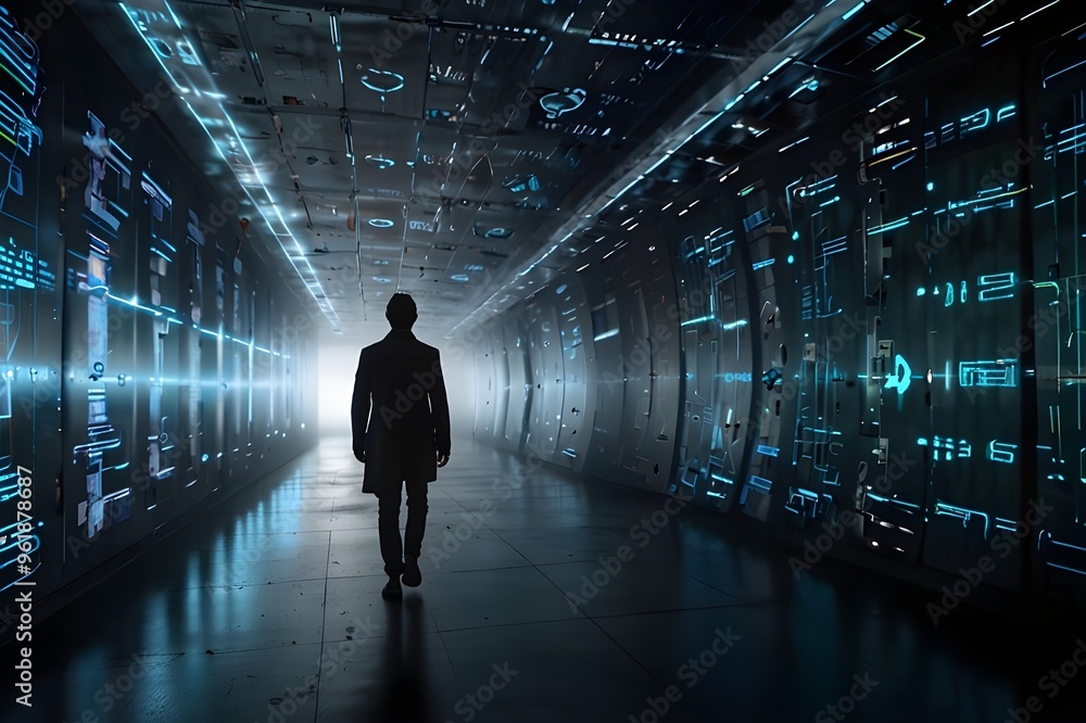 Man walking in futuristic technology tunnel with computer code ai generate
Man walking in futuristic technology tunnel with computer code ai generate