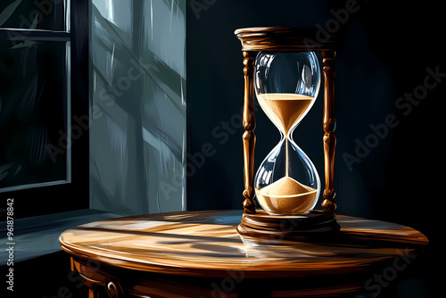An antique hourglass with sand on a black table, illustration. 
