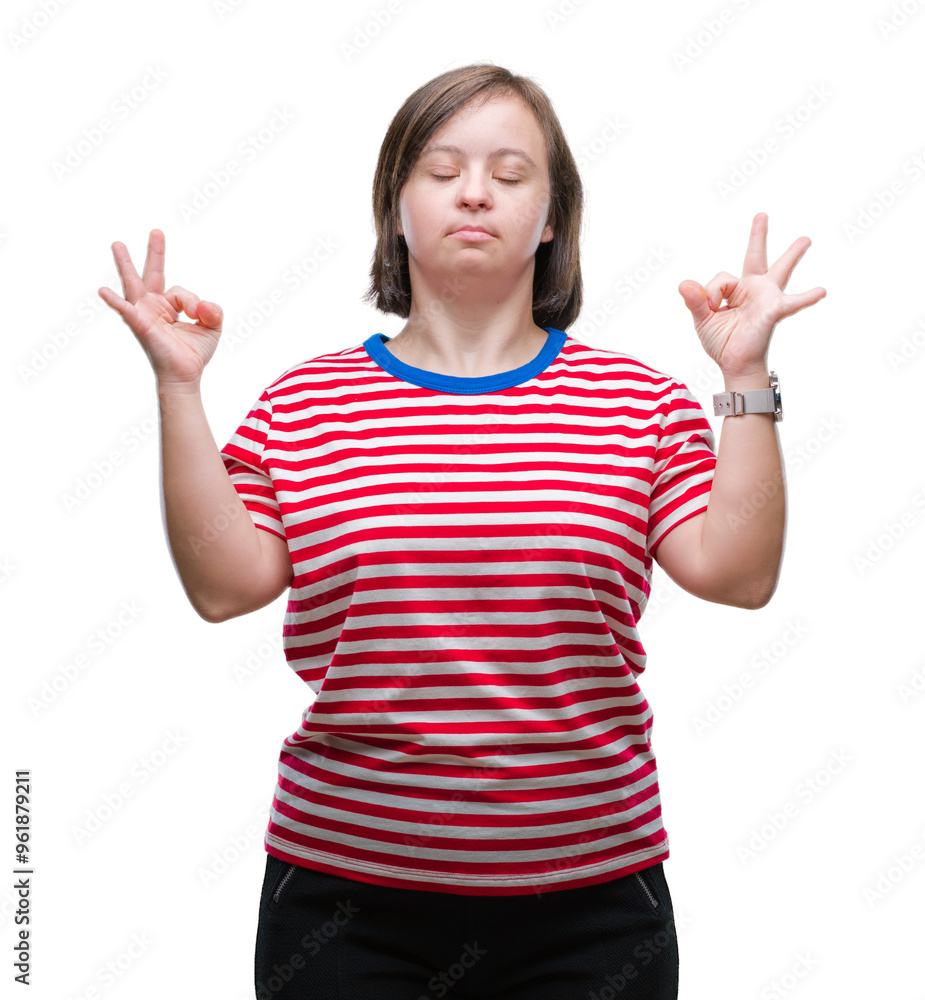 Young adult woman with down syndrome over isolated background relax and smiling with eyes closed doing meditation gesture with fingers. Yoga concept. Young adult woman with down syndrome over isolated background relax and smiling with eyes closed doing meditation gesture with fingers. Yoga concept.