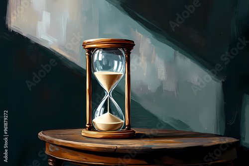 An antique hourglass with sand on a black table, illustration. 