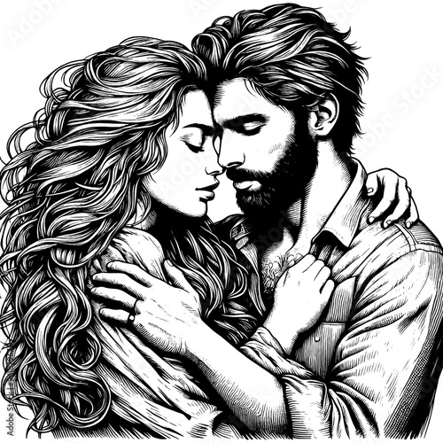 Romantic couple embracing in a detailed black and white illustration. Vector, generative ai.