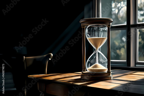 An antique hourglass with sand on a black table, illustration. 