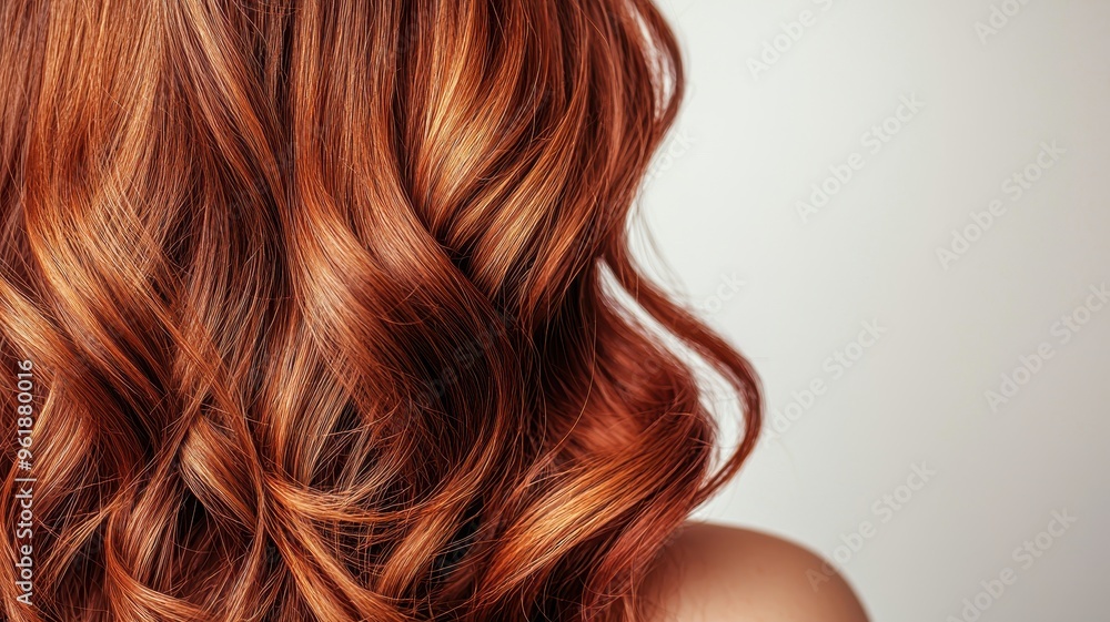Fototapeta premium Close-up of beautiful, wavy, auburn hair showcasing rich color and texture against a soft background.