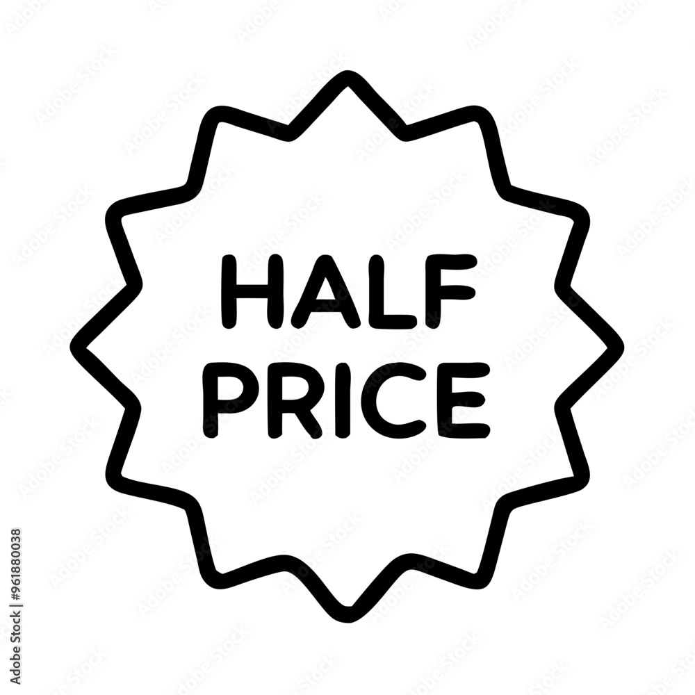 Half price discount badge icon, simple black line art Half price discount badge icon, simple black line art