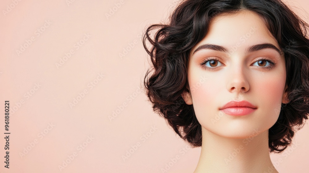 A beautiful young woman with curly hair and a soft smile on a pastel background, showcasing natural beauty and grace. A beautiful young woman with curly hair and a soft smile on a pastel background, showcasing natural beauty and grace.