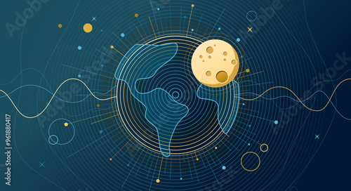 Abstract, minimal bright full moon stars, planets, universe, galaxy, on the night sky, wallpaper, background surrounded by glowing particles, gold, yellow bright moon, green, blue, turquoise