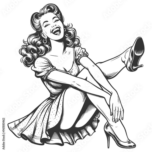 cheerful pin-up woman laughing, her joyful expression and retro fashion sketch engraving generative ai fictional character vector illustration. Scratch board imitation. Black and white image.