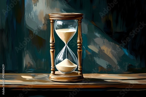 An antique hourglass with sand on a black table, illustration. 