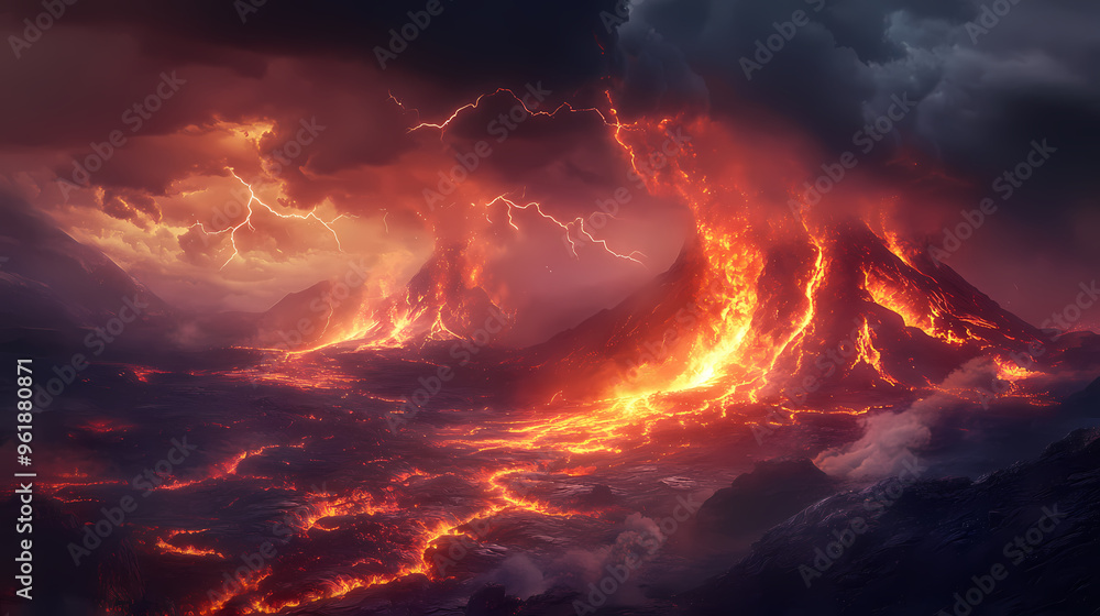 Apocalyptic volcanic landscape illuminated by lightning at night. Volcanic Landscape. Illustration Apocalyptic volcanic landscape illuminated by lightning at night. Volcanic Landscape. Illustration