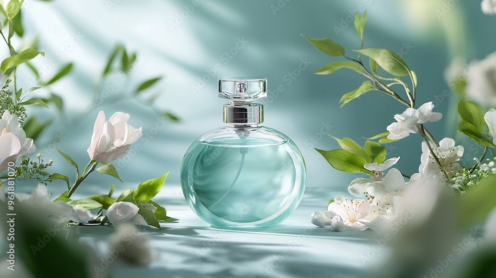 Floral Perfume Bottle on a Light Blue Background Floral Perfume Bottle on a Light Blue Background