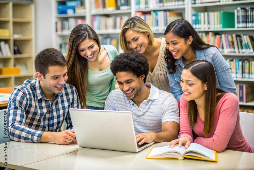 Group of students studying and smiling together in university library Group of students studying and smiling together in university library