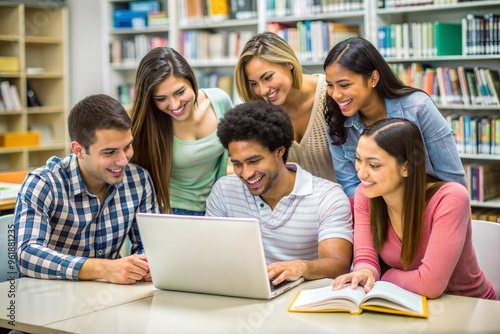 Group of students studying and smiling together in university library