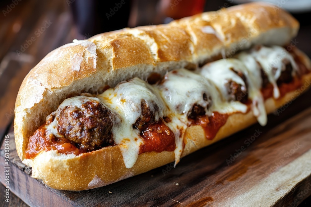 A meatball sub topped with marinara sauce and melted mozzarella, served on a crusty baguette A meatball sub topped with marinara sauce and melted mozzarella, served on a crusty baguette