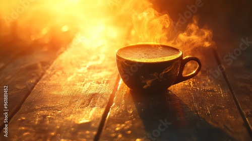 A comforting cup of steaming coffee rests on a weathered wooden surface, bathed in the ethereal glow of the rising sun. photo