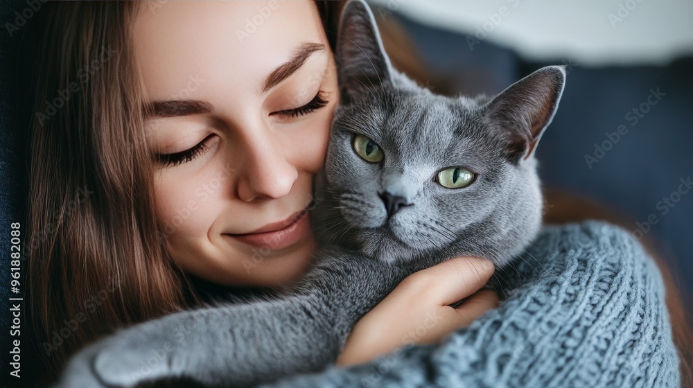 A lovely woman gently pets her cat, which purrs contentedly in her arms. The cat is a gray Scottish Straight, highlighting the affectionate bond between the owner and her pet. A lovely woman gently pets her cat, which purrs contentedly in her arms. The cat is a gray Scottish Straight, highlighting the affectionate bond between the owner and her pet.