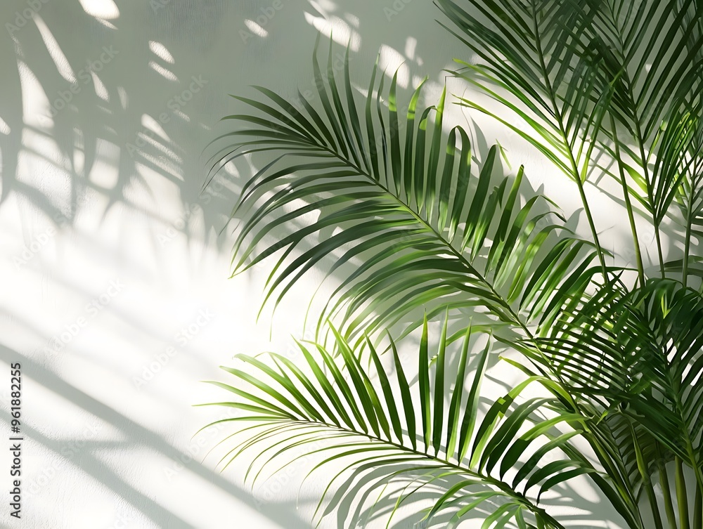 Palm Leaves and Light Shadow on White Wall