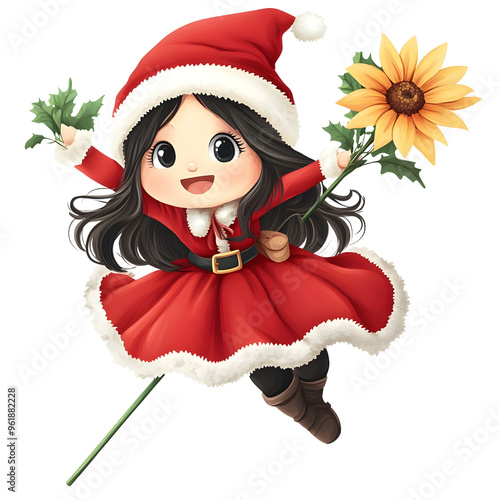 A super cute santy girl riding  bloomstick clipart, watercolor clipart, isolated on white background photo