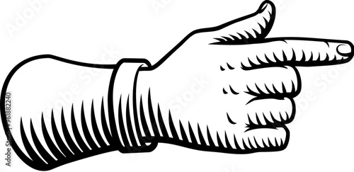 A hand pointing a finger in an etched vintage woodcut style