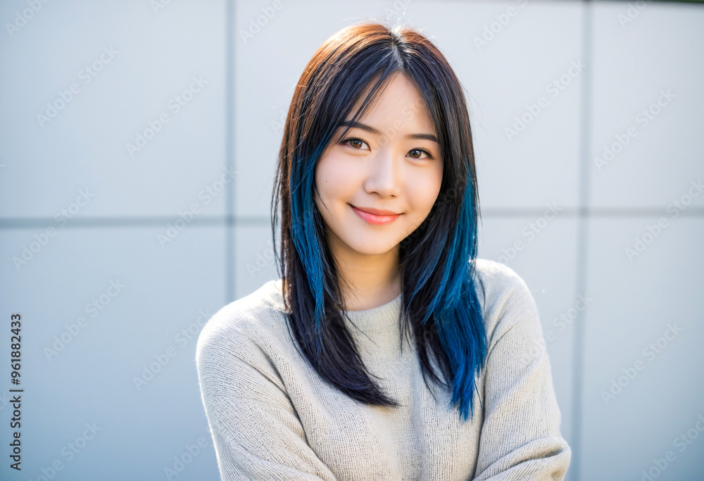 portrait of beautiful woman with blue hair, wearing casual clothes portrait of beautiful woman with blue hair, wearing casual clothes