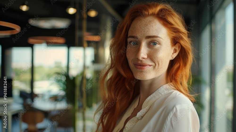 A smiling woman with red hair and a white shirt stands in an office environment with large windows, exuding warmth and friendliness. A smiling woman with red hair and a white shirt stands in an office environment with large windows, exuding warmth and friendliness.