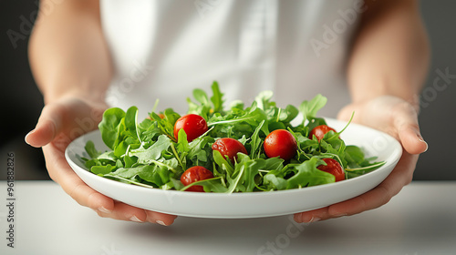 A person holds a fresh and vibrant salad made of arugula and cherry tomatoes, offering a healthy and simple dish in a clean and minimalist setting.